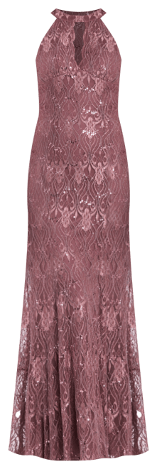 Women's Sequin Lace Keyhole Halter Gown