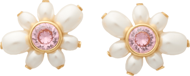 Gold-Tone Color Cubic Zirconia & Imitation Pearl Flower Stud Earrings