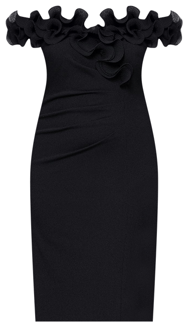 xscape ruched v neck dress Xscape Ruffle Scuba Crepe Faux Wrap Midi Dress Black
