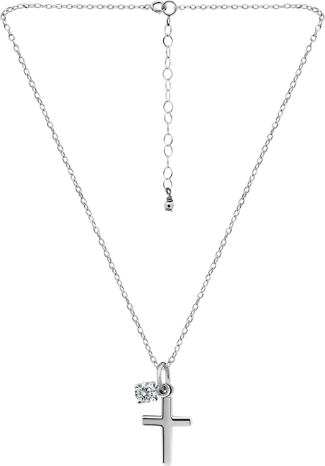 Polished Cross & Cubic Zirconia Dangle Pendant Necklace, 16" + 2" extender, Exclusively at Macy's
