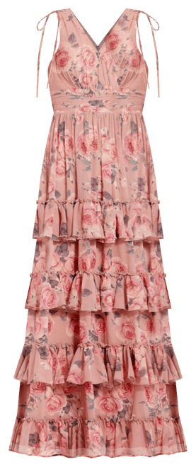 Women's Drawstring Shoulder Floral Chiffon Tiered Gown