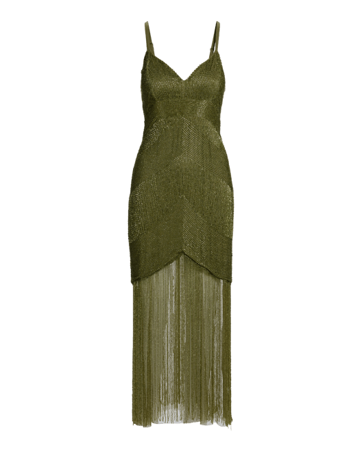 All Over Beaded Fringe Maxi Dress - Olive | Boston Proper