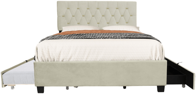 Beige Queen Upholstered Bed with Trundle