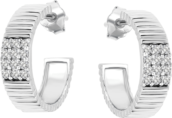 Pave Ribbed Small C-Hoop Earrings in Sterling Silver, 0.62" (also in 18k Gold-Plated Sterling Silver), Exclusively at Macy's