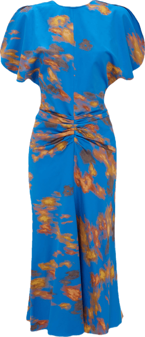 Gathered Waist Midi Dress In Blue Abstract Floral Print