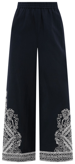 Navy and White Embroidered Emme Pants