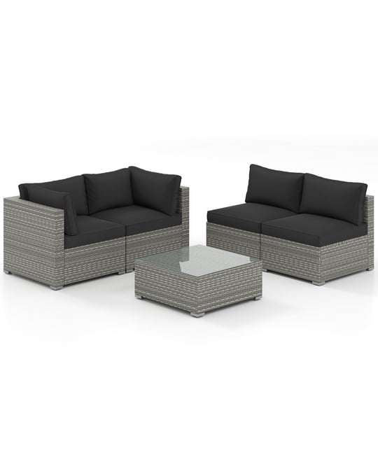 5-Piece Outdoor Patio Sectional Sofa Couch and Glass Coffee Table with Cushions