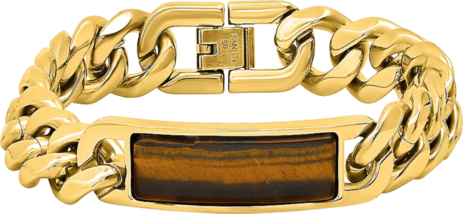 Men's 18K Gold-Plated and Stainless-Steel Cuban Chain and Tiger Eye Id Bracelet
