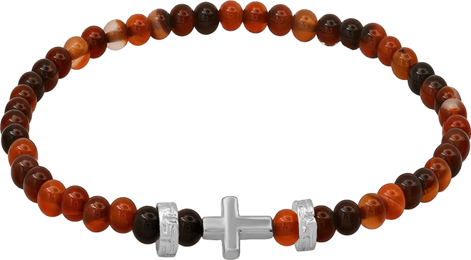 Men's Sterling Silver Cross and Red Tiger Eye Beaded Stretch Bracelet