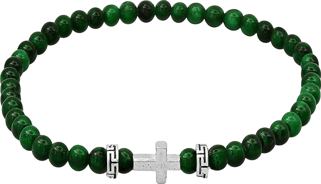 Men's Sterling Silver Cross and Green Agate Beaded Stretch Bracelet