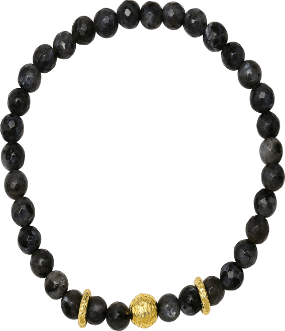 Men's 14K Gold Plated Sterling Silver and Gray Agate Beaded Stretch Bracelet