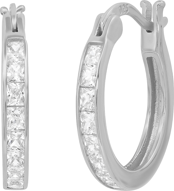 Women's Plated Sterling Silver and Simulated Square Diamonds Round Hoop Earrings