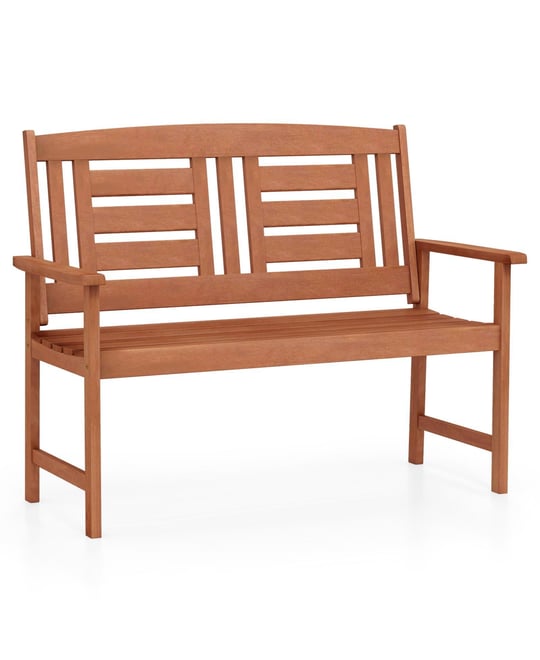Outdoor Loveseat Hardwood 2-Seat Bench with Inclined Backrest and Slatted Seat