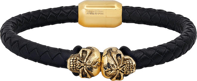 Men's Black Braided Leather and 18K Gold-Plated Stainless-Steel Skulls Bracelet