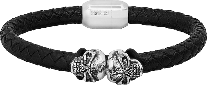 Men's Black Braided Leather and Stainless-Steel Skulls Bracelet