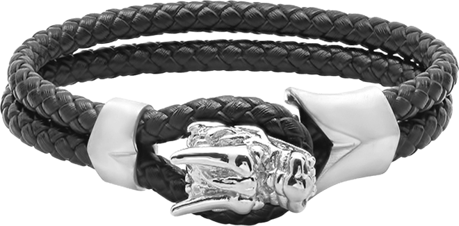 Men's Black Braided Leather Bracelet with Stainless Steel Dragon Head Design