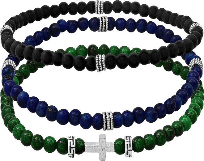 Men's Sterling Silver Lapis Beaded Stretch Bracelet Set