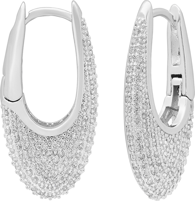 Women's 18K White Gold-Plated Brass Simulated Diamonds Oval Huggie Earrings