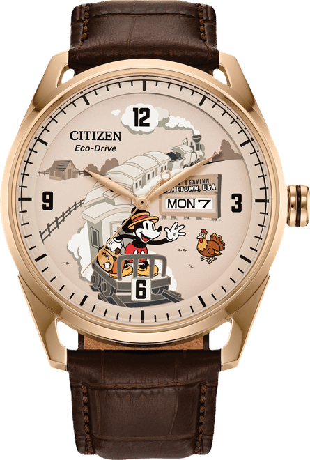 Eco-Drive Men's Disney Mickey Mouse Brown Leather Strap Watch 42mm