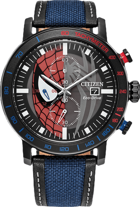 Eco-Drive Men's Chronograph Marvel Spider-Man Double Vision Blue Nylon Leather Strap Watch 44mm