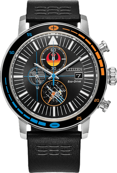 Eco-Drive Men's Chronograph Star Wars Rebel Starfighter Black Leather Strap Watch 44mm Box Set