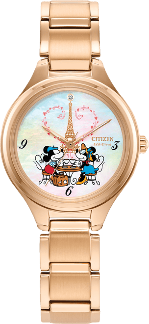 Eco-Drive Women's Disney Mickey & Minnie Take Paris Rose Gold-Tone Stainless Steel Bracelet Watch 29mm