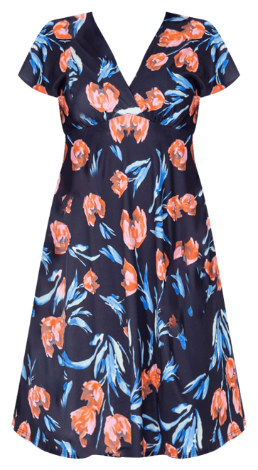 Petite Tulip Print Empire Waist Kimono Cap Sleeve Knee Length Dress