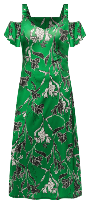 Women's Green Floral Cold Sholder Ruffle Sleeve A Line Maxi Dress