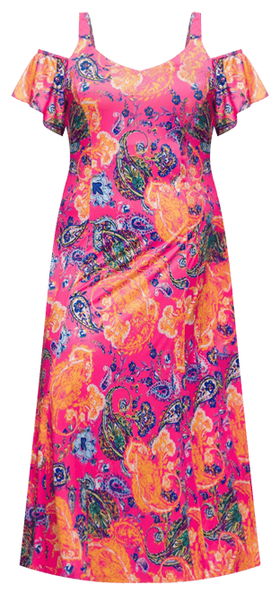 Plus Size Cold Shoulder Ruffle Sleeve A-Line Maxi Dress