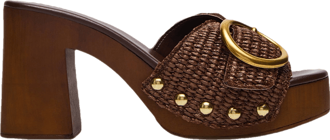 【Steve Madden】Casanovaラグジュアリー厚底チェーンサンダル CASANOVA Raffia Square-Toe Wood Bottom Platform Women's