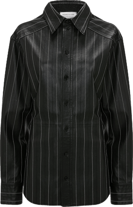 Tab Detail Leather Shirt In Black-Ivory