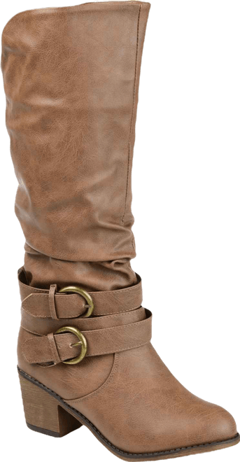 Women's Late Wide Calf Rouched Buckle Mid Shaft Block Heel Boots