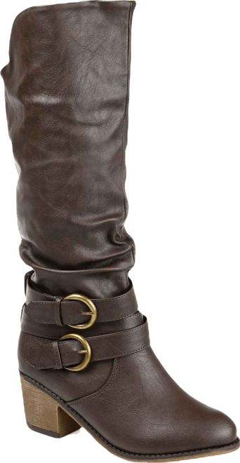 Women's Late Wide Calf Rouched Buckle Mid Shaft Block Heel Boots