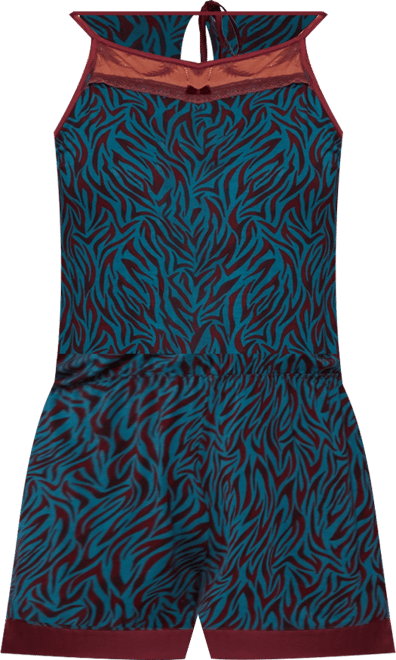 Women's Zebra Patterned Halter Romper with Lace Detail and Bow Accent