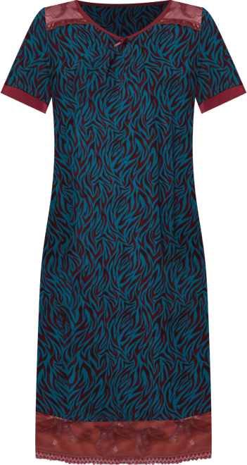 Women's Zebra Patterned Sleep Shirt with Lace Detail and Bow Accent