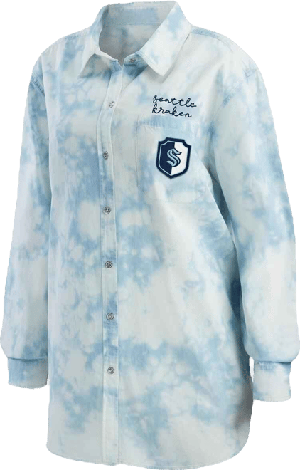 Women's White Seattle Kraken Oversized Tie-Dye Button-Up Denim Shirt