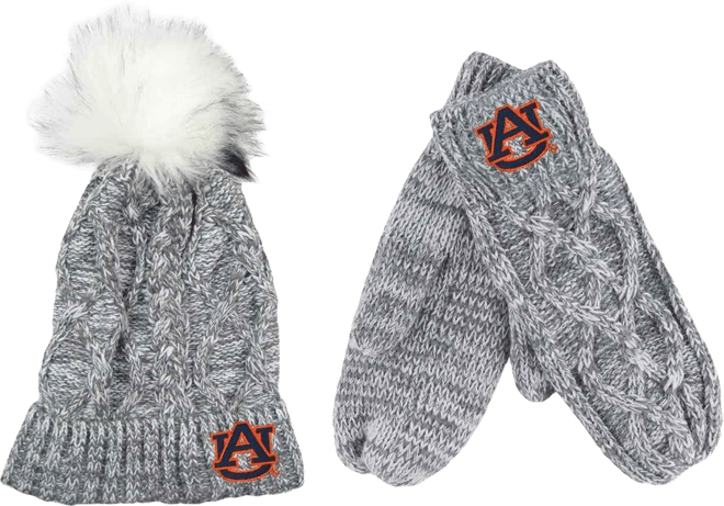 Men's and Women's  Gray Auburn Tigers Cuffed Knit Pom Hat and Mittens Set