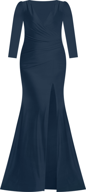 Women's Long Sleeve Draped Wrap Stretch Satin Mermaid Dress with Slight Train