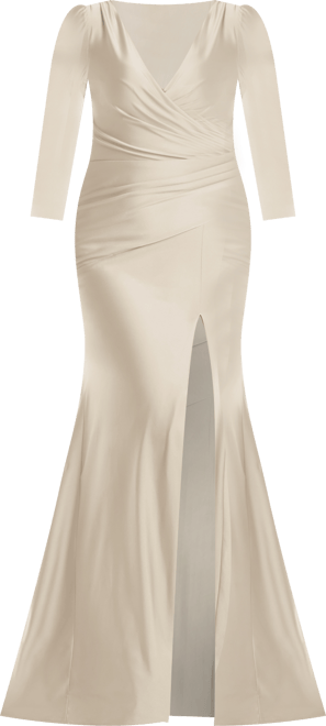 Women's Long Sleeve Draped Wrap Stretch Satin Mermaid Dress with Slight Train