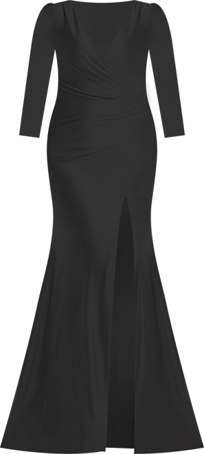 Women's Long Sleeve Draped Wrap Stretch Satin Mermaid Dress with Slight Train