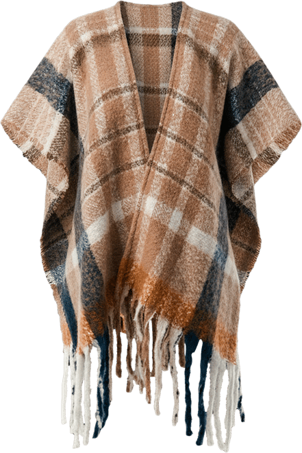 Women's Plaid Poncho with Fringe Detail