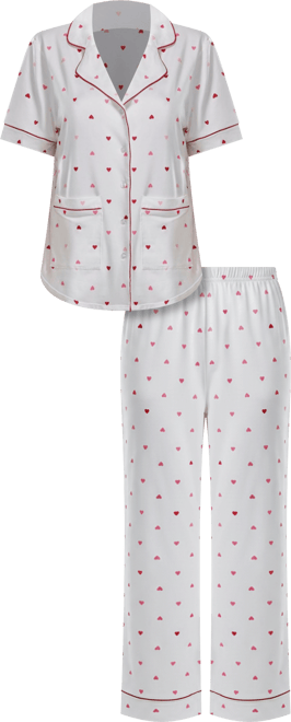 Women's Kyley Pajama Heart Print Pant Set Trimmed in Red, 2 Piece
