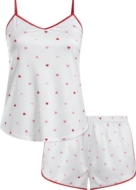 Women's Kyley Heart Printed Pajama Short Set Trimmed in Red