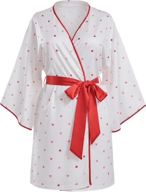 Women's Kyley Heart Print Robe with Contrast Self Tie Sash and Red Trim