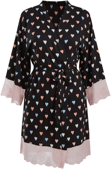 Tobey Plus Size Modal Hearts Robe Trimmed in Contrast Lace with Self Tie Sash