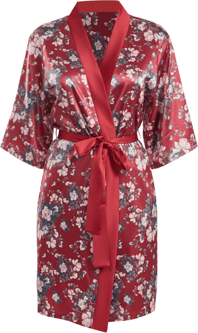 Women's Jenna Contrast Satin Floral Robe with Self Tie Sash, 1 Piece