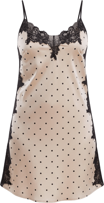Women's Kareen Dotted Satin Chemise, Adorned in Front and Side Lace