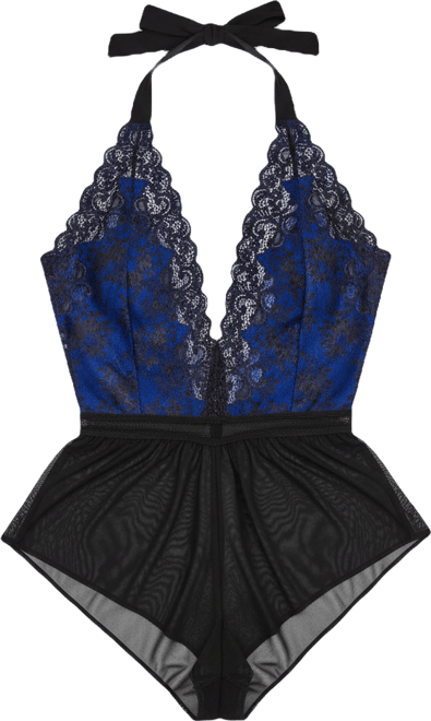 Women's Missy Plunge Sheen Lace and Mesh Halter Romper