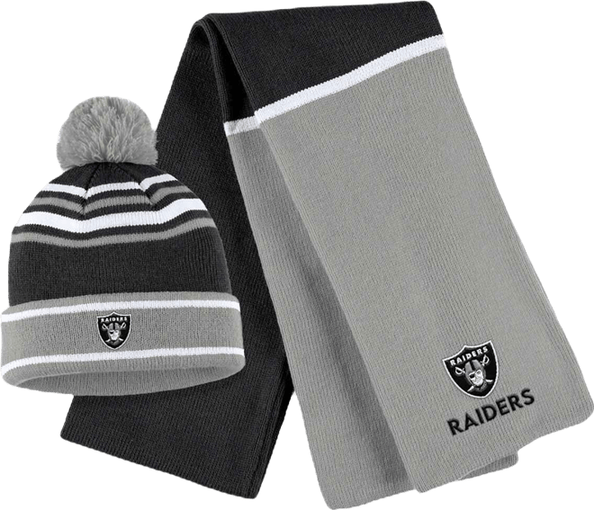 Women's  Black Las Vegas Raiders Colorblock Cuffed Knit Hat with Pom and Scarf Set