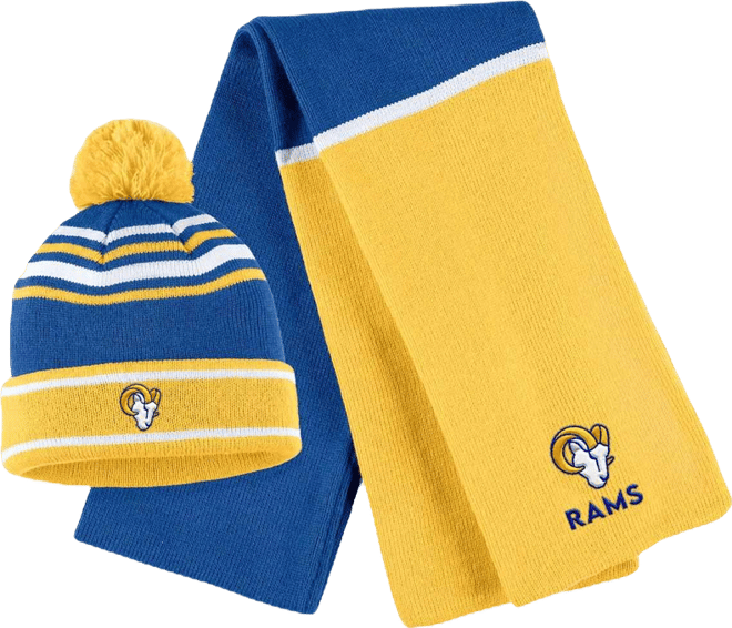 Women's  Royal Los Angeles Rams Colorblock Cuffed Knit Hat with Pom and Scarf Set